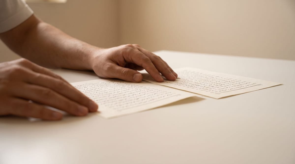 Dari translation visual: Hands squaring two versions of the same page side by side.
