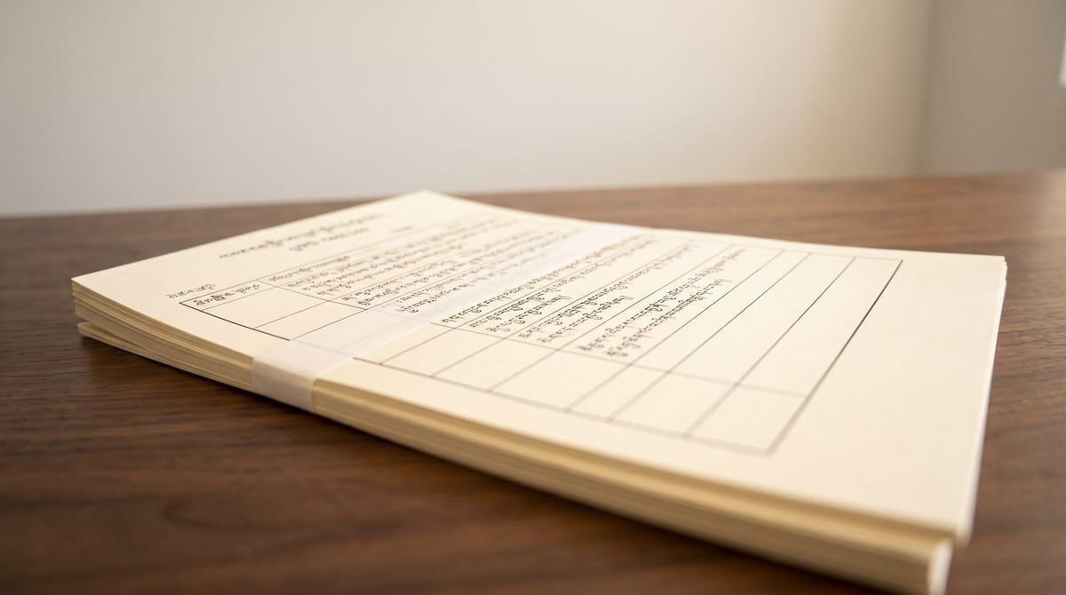 Dzongkha translation visual: A banded stack of take-log sheets, the top one ruled into columns.