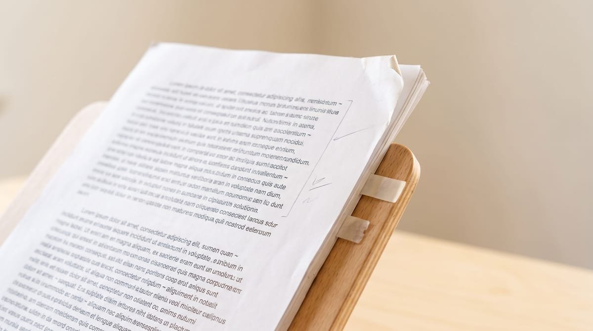 Guarani translation visual: A reading passage propped on a lectern stand, one corner curled.