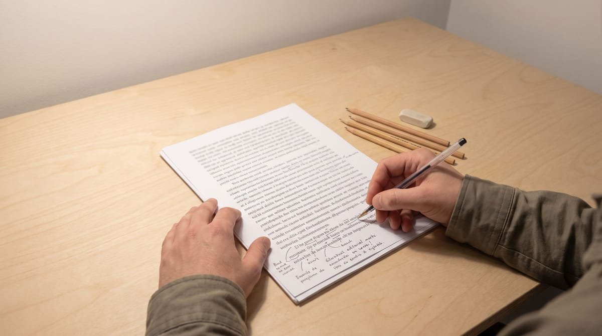 Guarani translation visual: Hands marking a proof, the marks gathering towards the foot of the page.