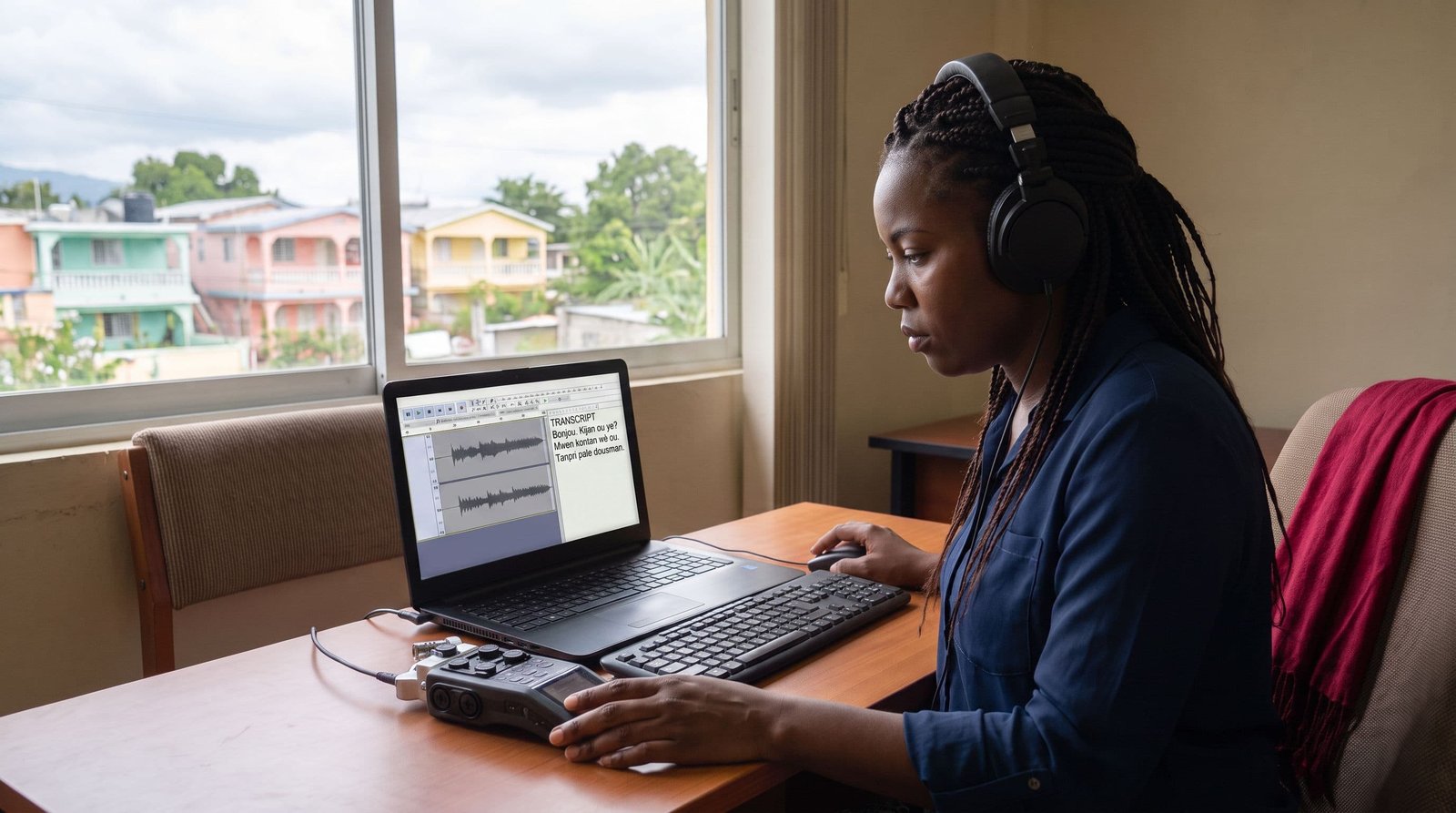 Haitian Creole translation visual: Haitian Creole language specialist reviewing multilingual work at a computer.