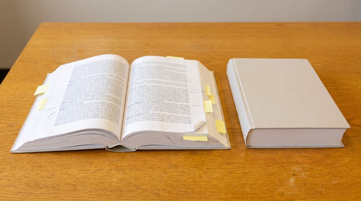 Hausa translation visual: Two glossary volumes, one lying open and one still shut beside it.