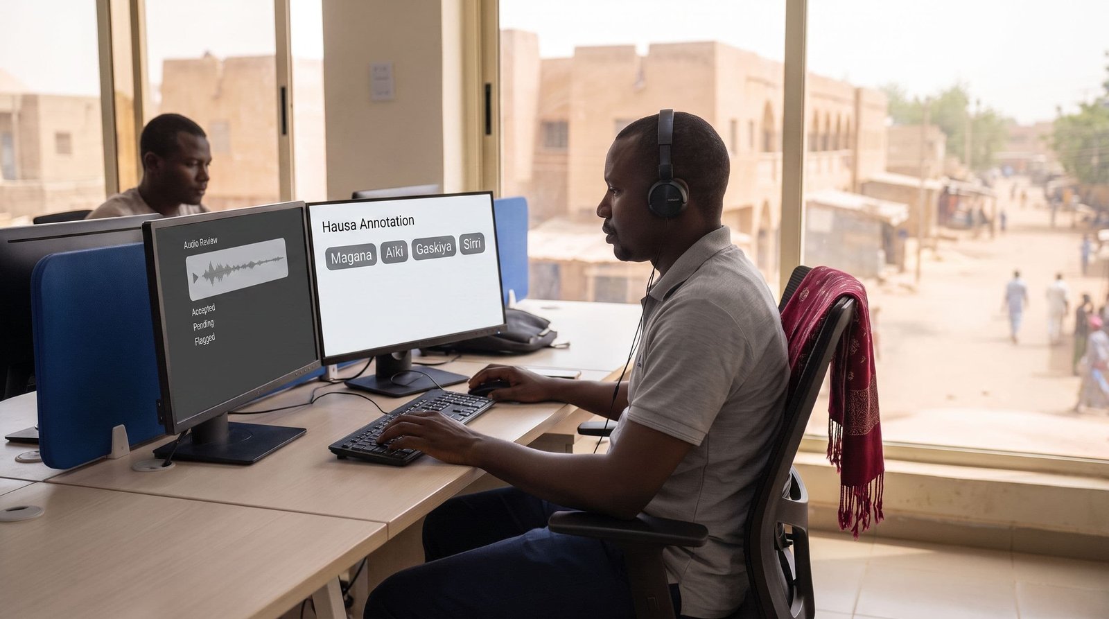 Hausa translation visual: Hausa language specialist preparing multilingual language data at a computer.