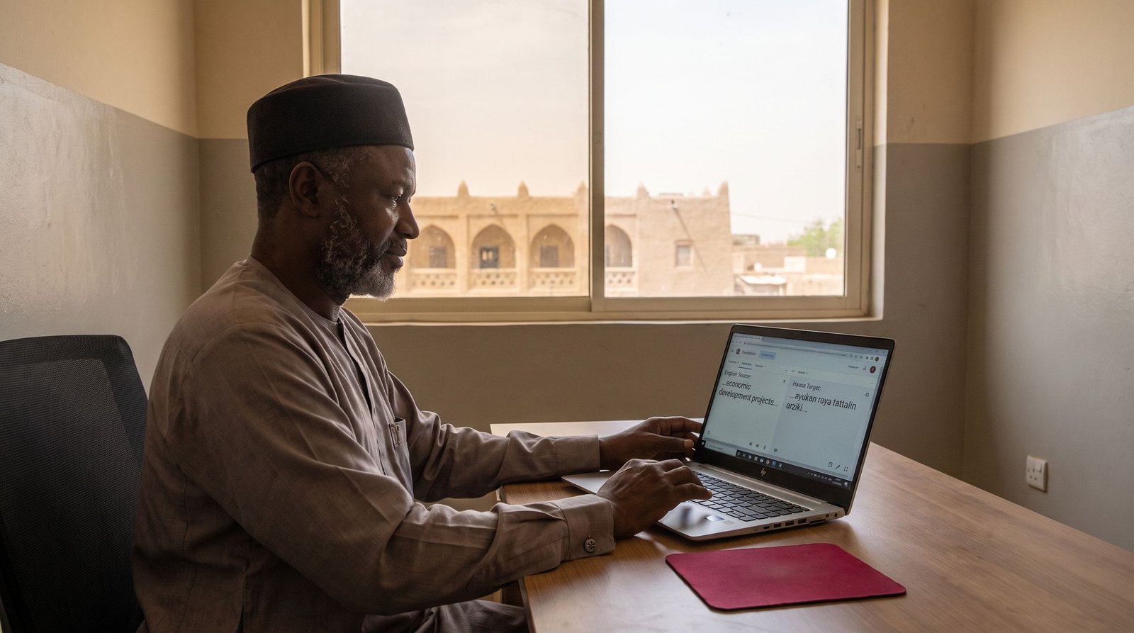 Hausa translation visual: Hausa language specialist reviewing multilingual work at a computer.