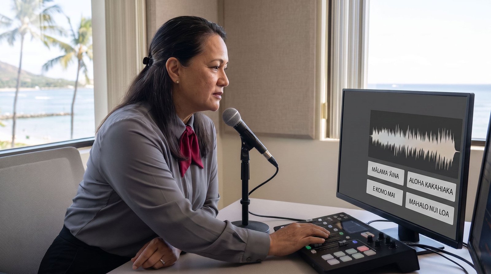 Hawaiian translation visual: Hawaiian language specialist preparing multilingual language data at a computer.