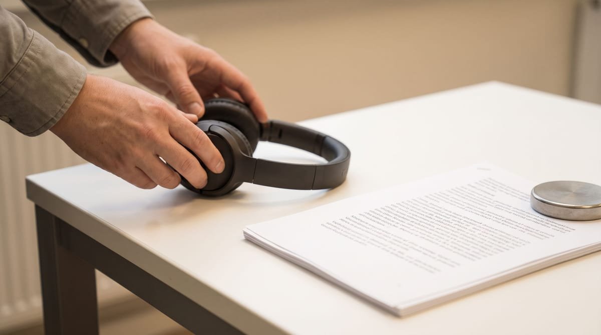 Hawaiian translation visual: Hands adjusting headphones set down beside a script held flat by a weight.