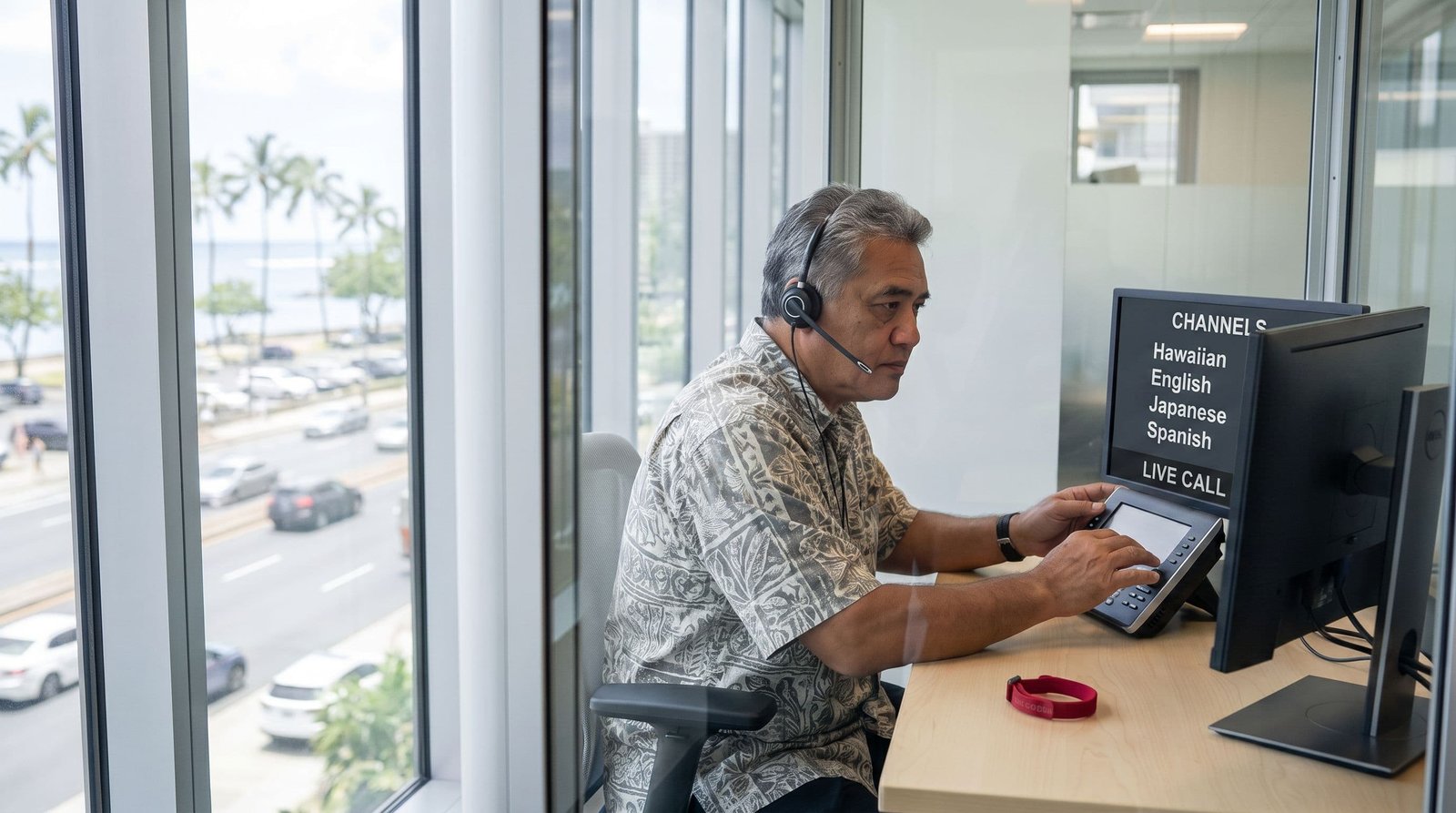 Hawaiian translation visual: Hawaiian language specialist reviewing multilingual work at a computer.