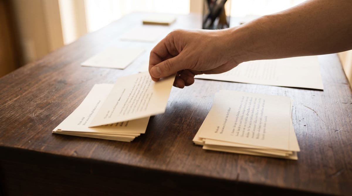 Hmong translation visual: A hand moving one card between two groups on a plain desk.