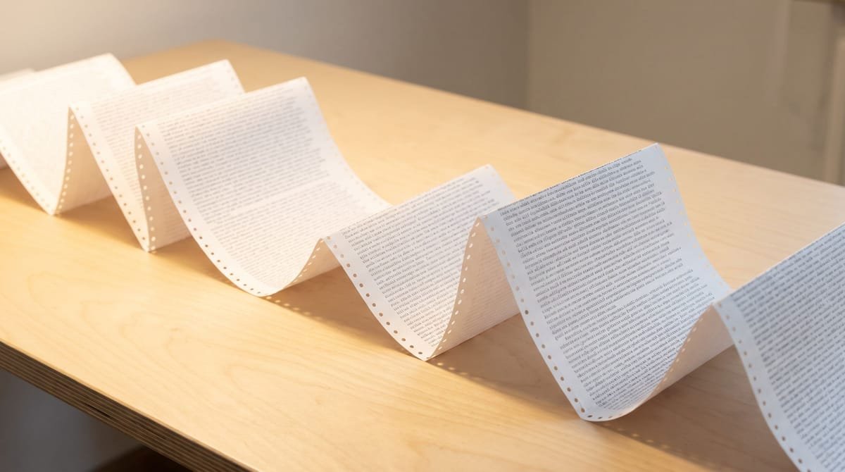 Igbo translation visual: A term list on continuous fanfold paper, its folds standing open.