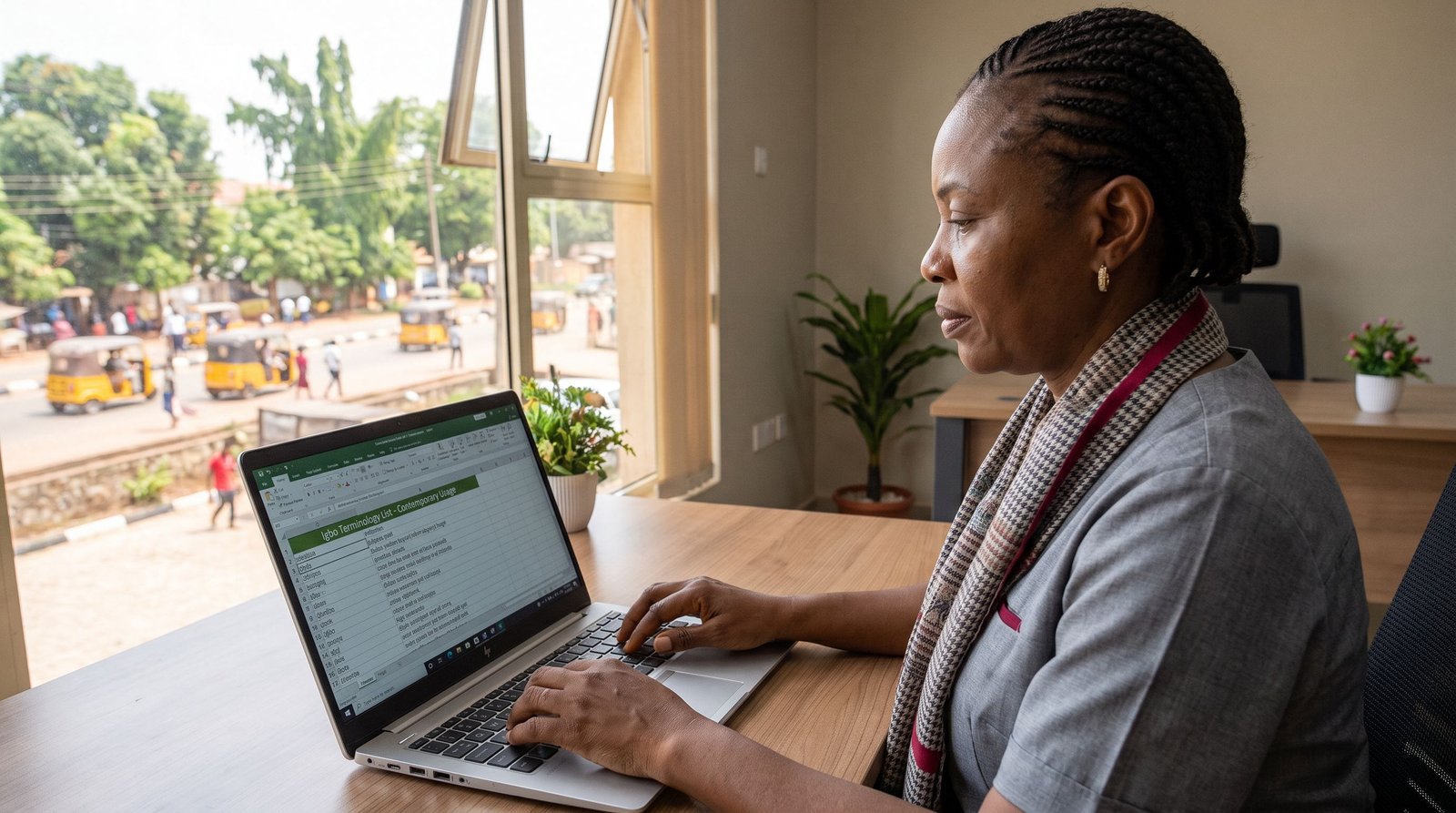 Igbo translation visual: Igbo language specialist preparing multilingual language data at a computer.