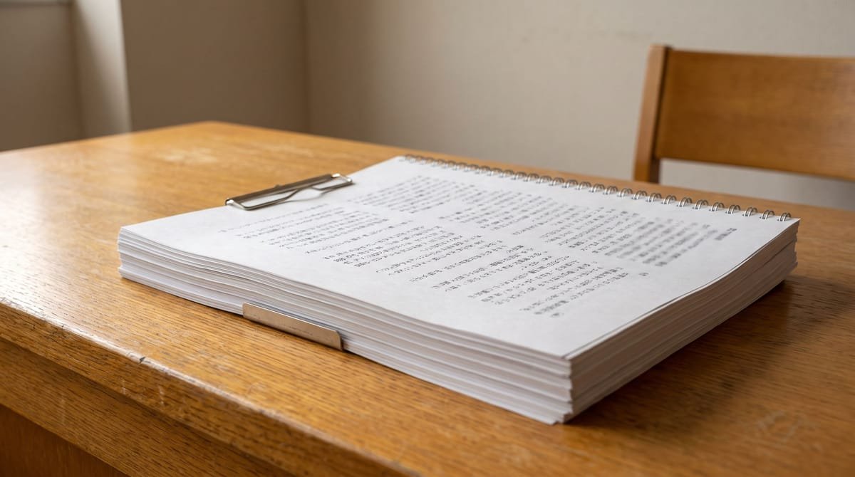 Japanese translation visual: A dub script bound at the head, its pages weighted flat.