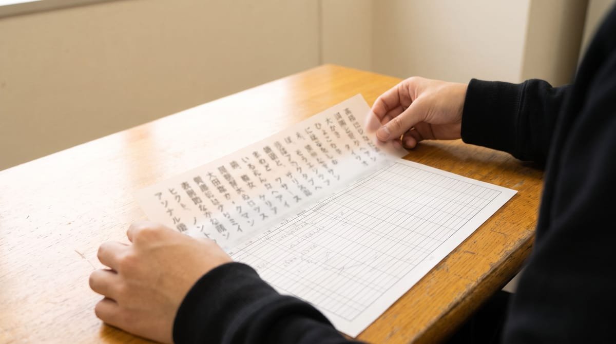 Japanese translation visual: Hands laying a strip of subtitle lines along a ruled timing sheet.
