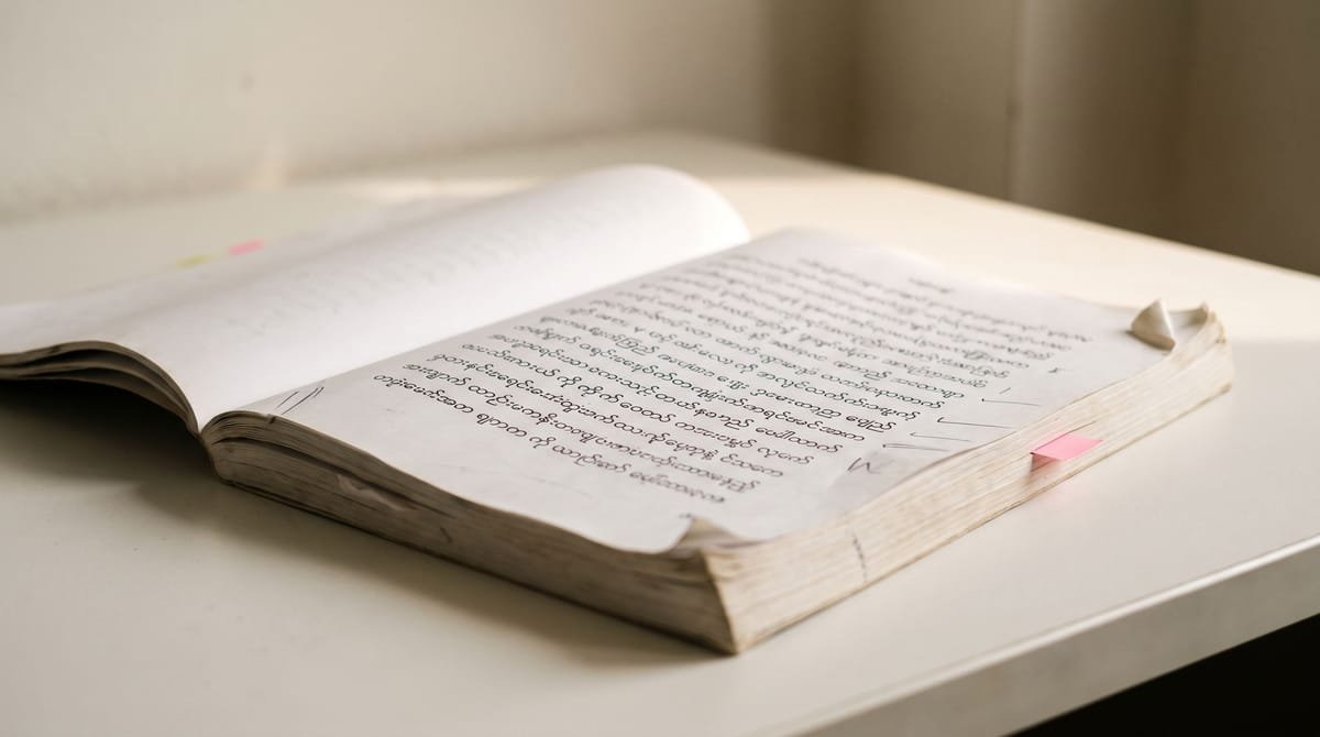 Karen translation visual: A reading primer open at a worn page, one corner turned down.