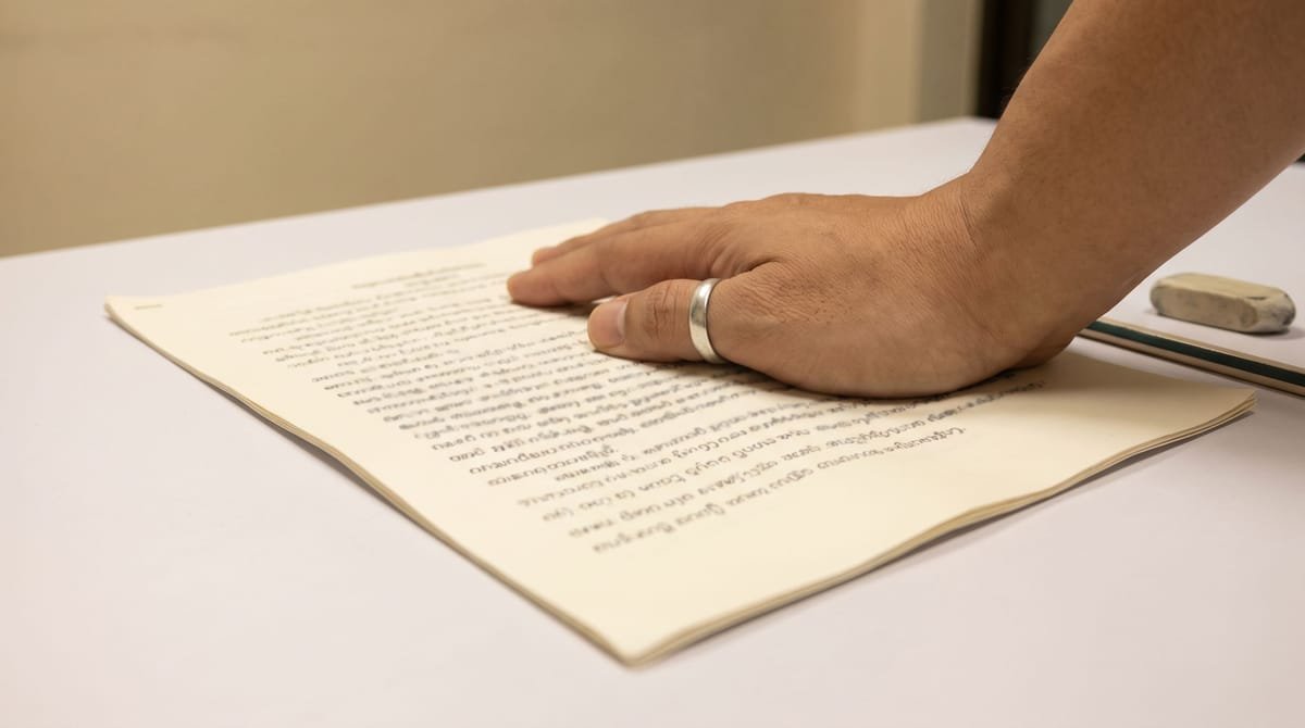 Karen translation visual: A hand turning a page and flattening it with the heel of the palm.