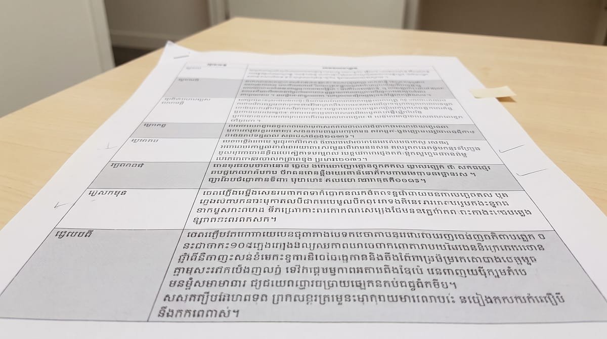 Khmer translation visual: A segment table printed landscape, its rows alternately shaded.