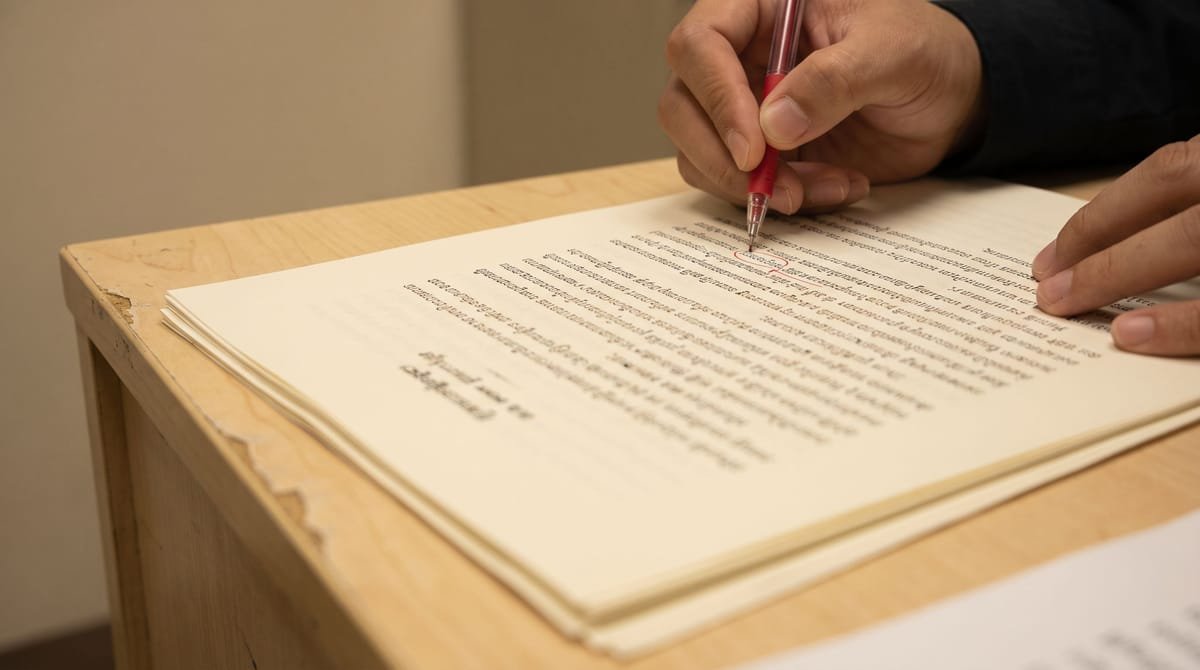 Khmer translation visual: Hands marking a proof with a fine red pen.