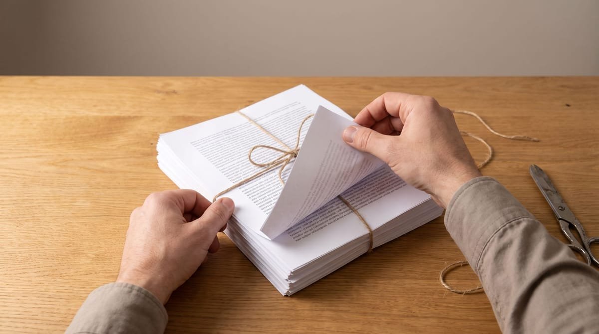 Kinyarwanda translation visual: Hands wrapping a finished bundle and tucking the flap under.