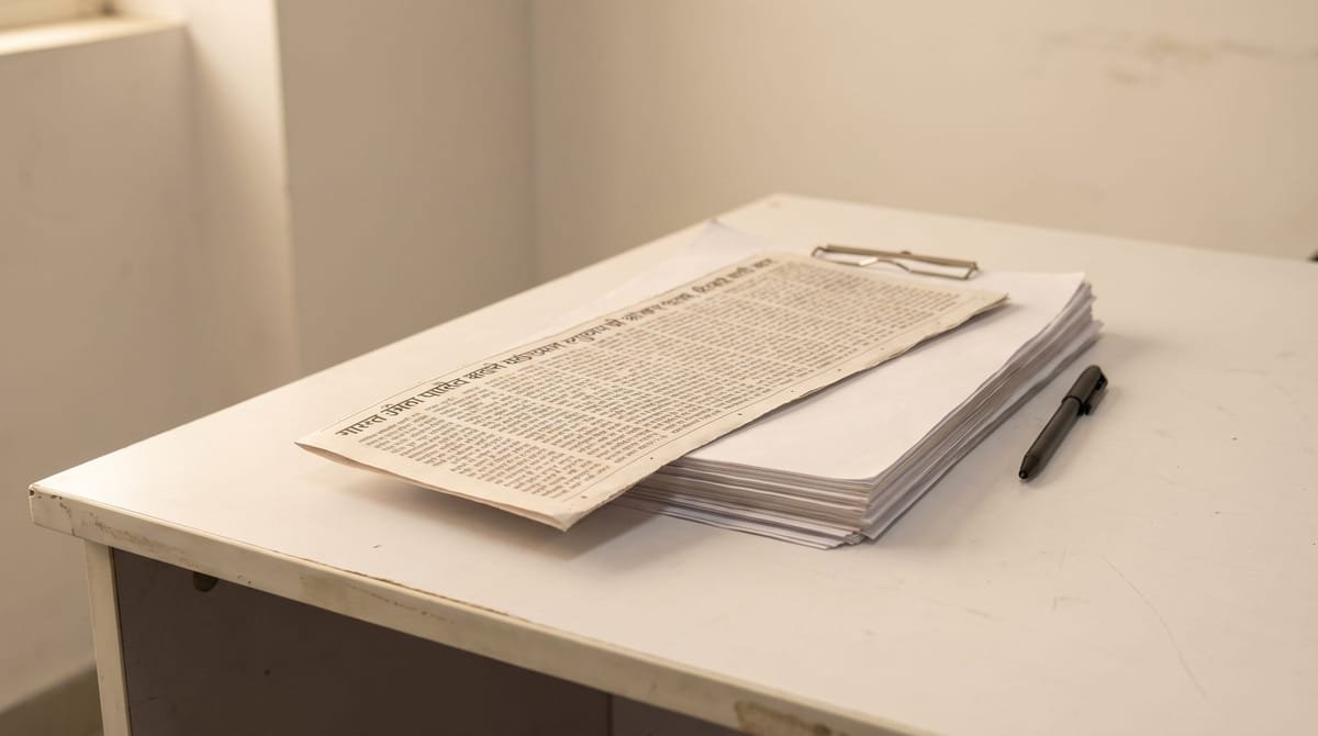Konkani translation visual: A printed sign-off slip lying on a finished stack.