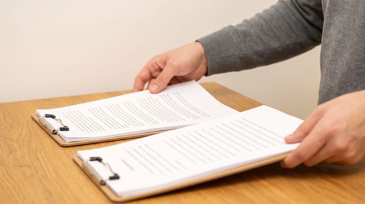 Lingala translation visual: Hands setting one clipboard down and picking up the next.