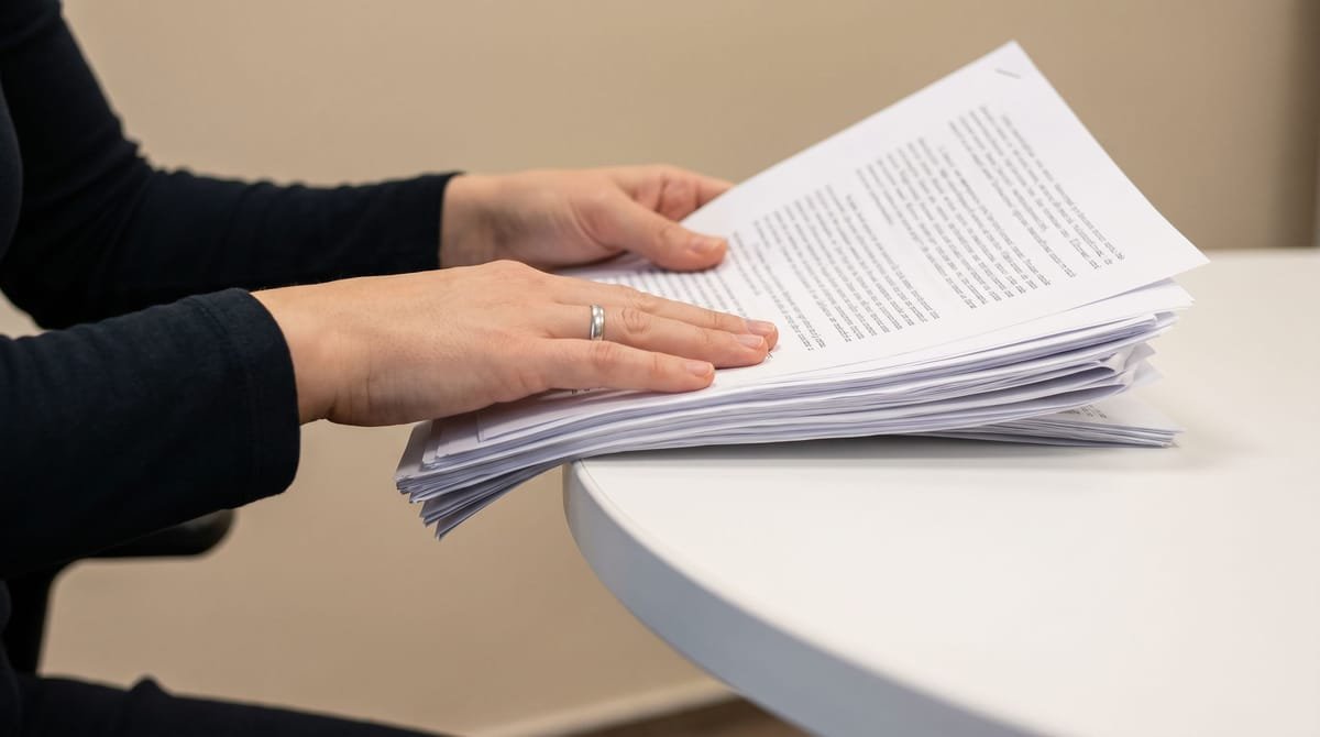 Luba-Katanga translation visual: Hands squaring a stack against the desk edge with two short taps.