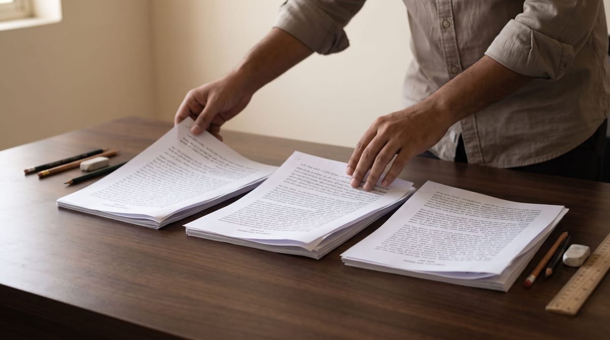 Maithili translation visual: Hands laying three marked copies out across the desk to compare.