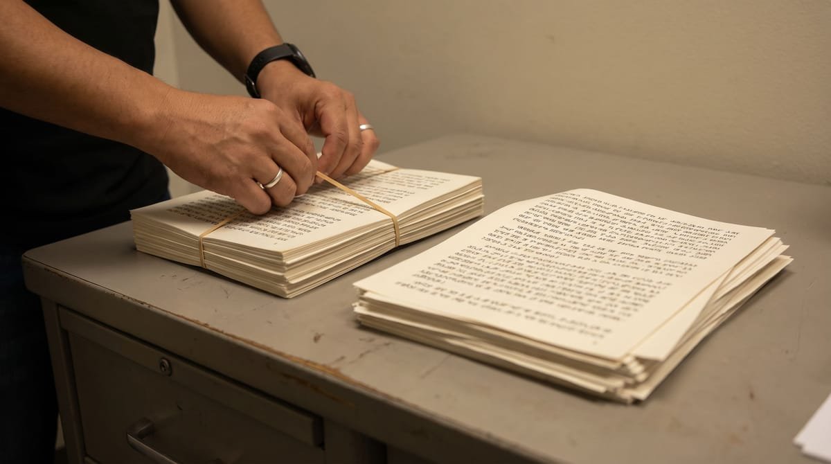 Manipuri translation visual: Hands banding a completed stack and setting it beside an unstarted one.