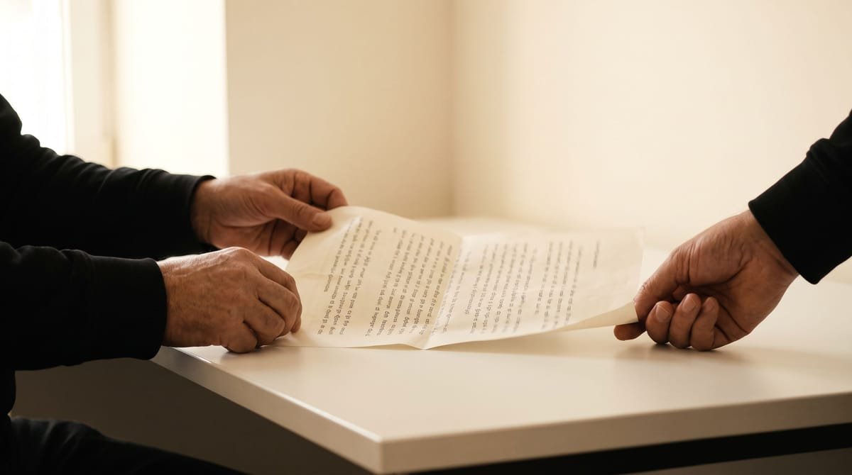 Marshallese translation visual: Hands unfolding a carried word list flat onto the desk.