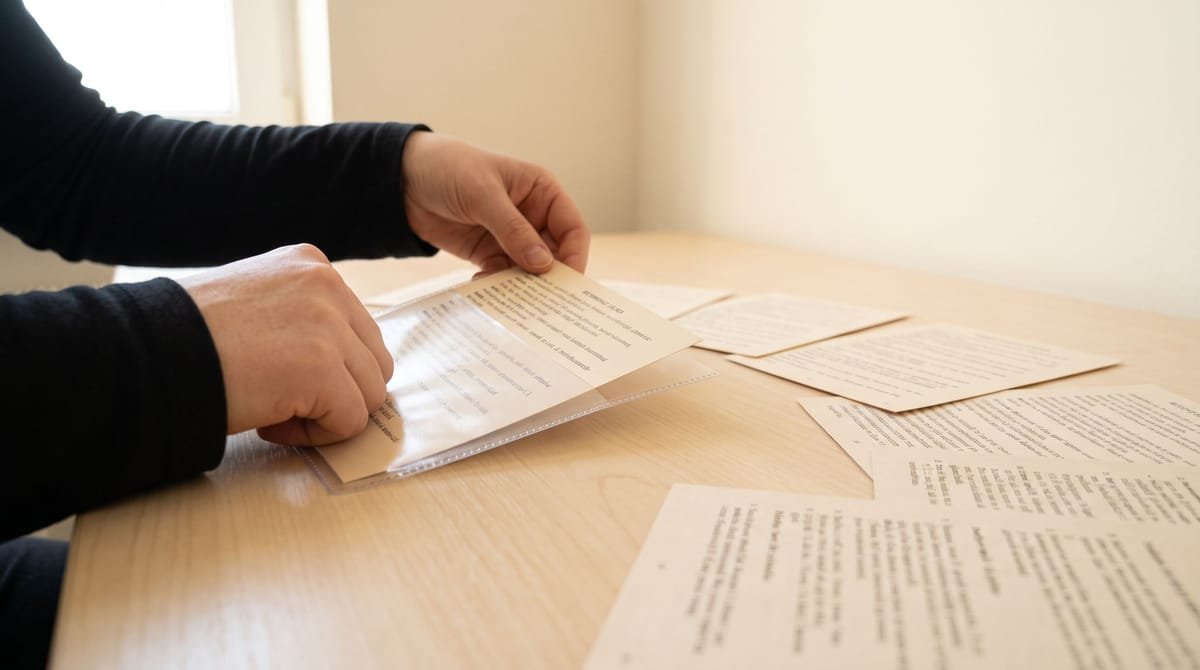 Navajo translation visual: Hands sliding a reference card out of its sleeve.