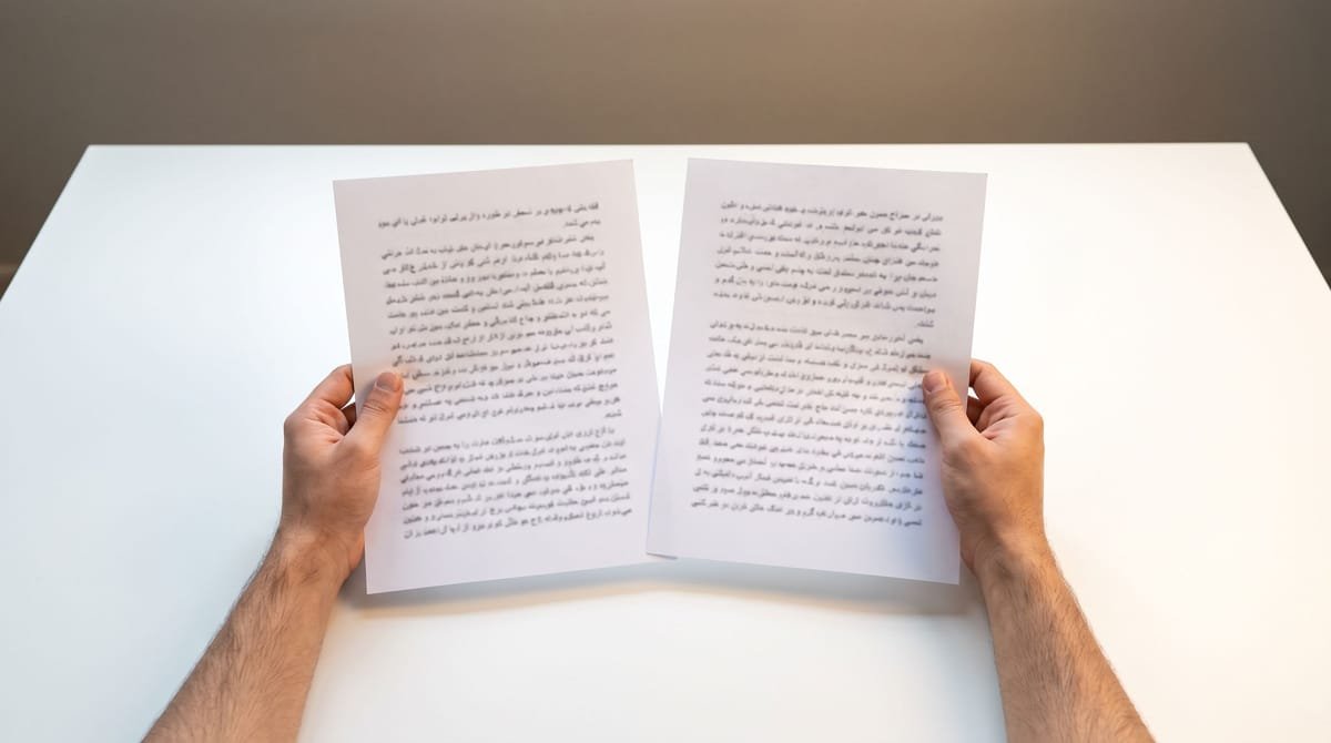 Pashto translation visual: Two marked pages held side by side.