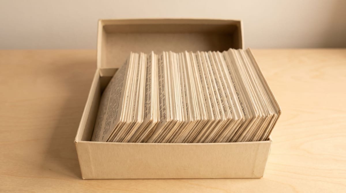 Quechua translation visual: A term-card box open with the cards standing on edge.