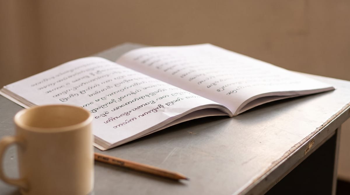 Rohingya translation visual: A primer lying open, its spine barely broken.