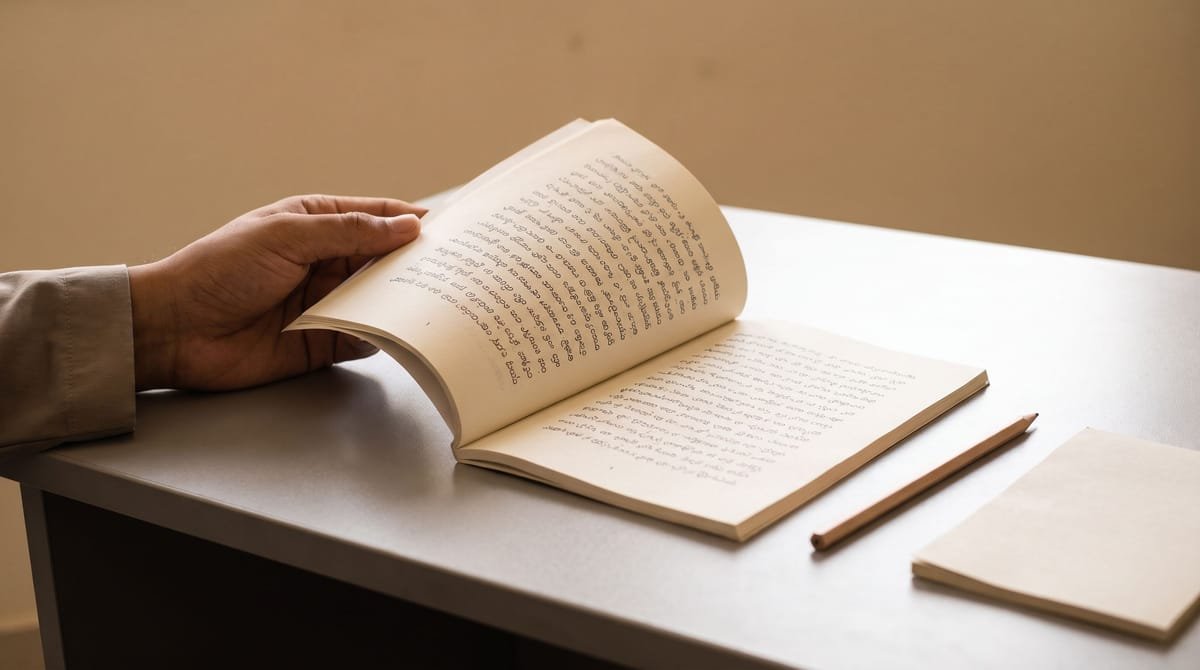 Rohingya translation visual: A hand pressing a new primer open at its first page.