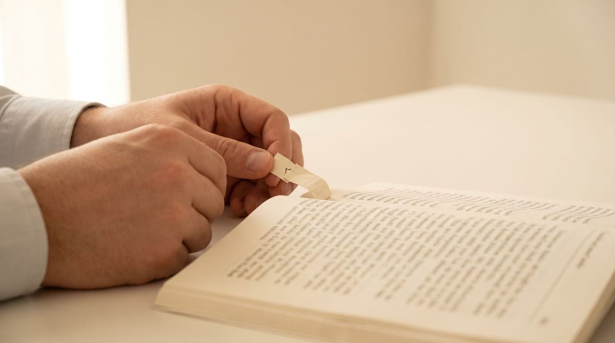 Sami translation visual: Hands bending a tab back and holding the guide open at it.