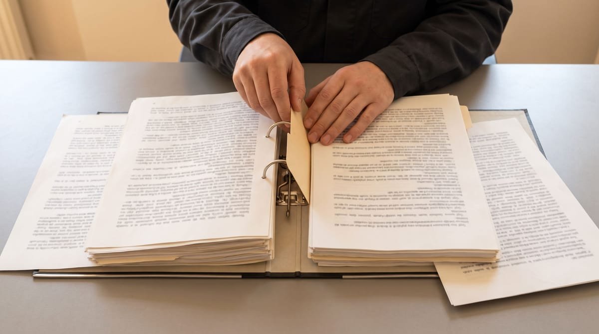 Shona translation visual: Hands standing a divider upright in an open binder.