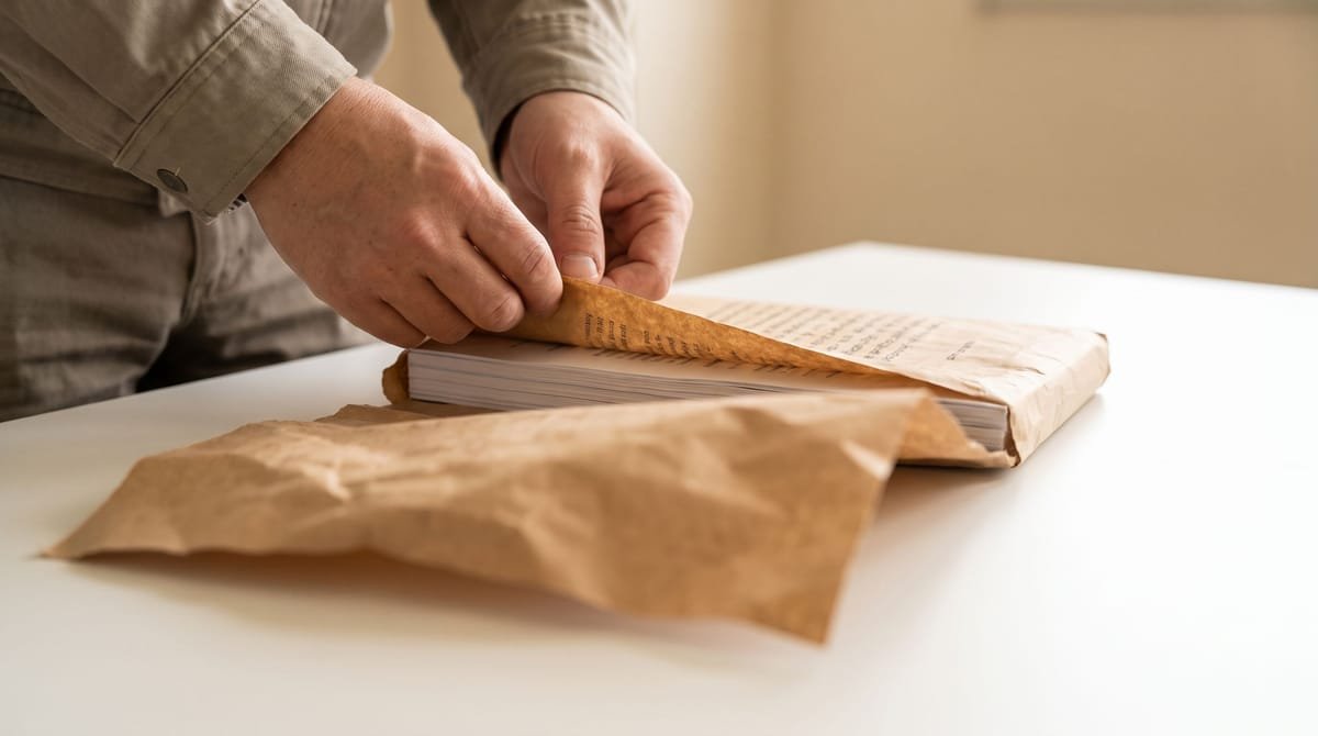 Somali translation visual: Hands folding a wrapper back off a delivered bundle.