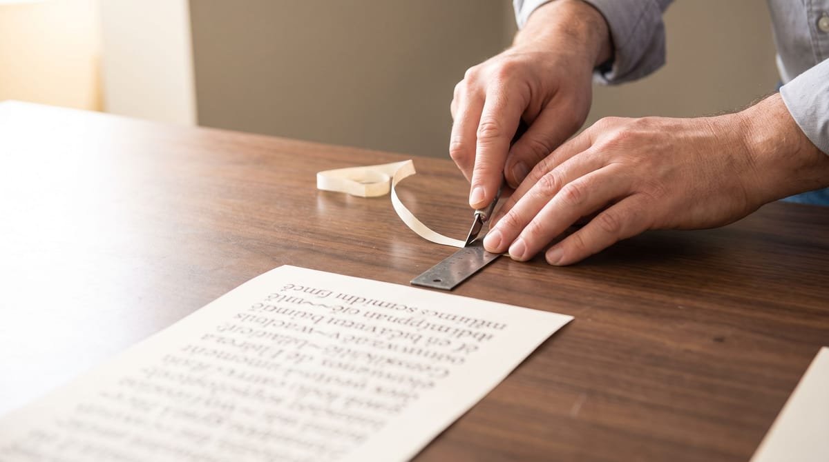 Spanish translation visual: Hands trimming a timing strip to length against a steel rule.