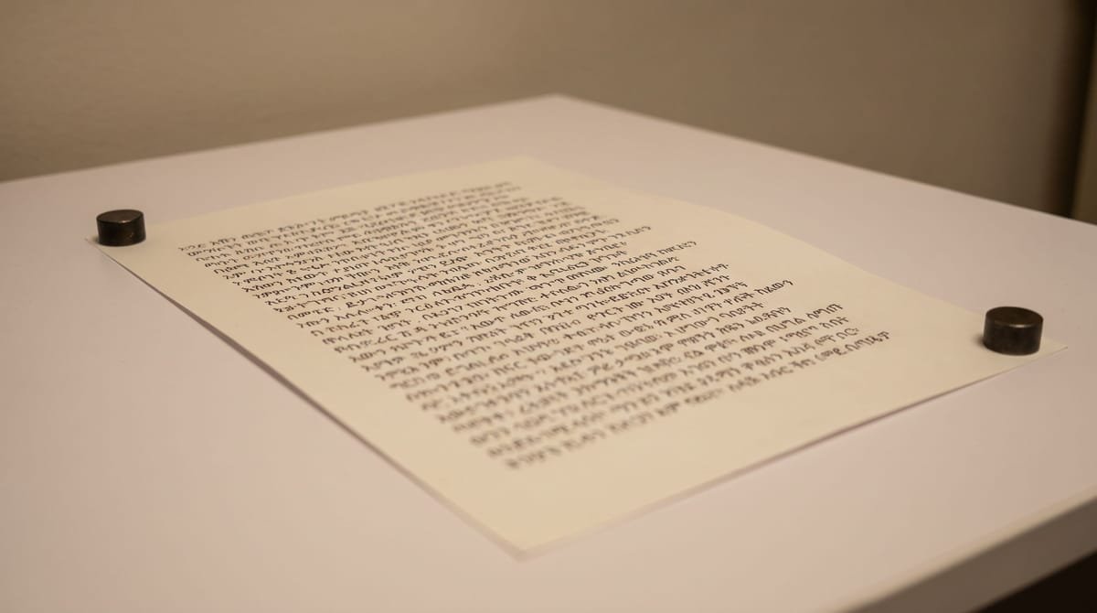 Tigrinya translation visual: A printed page held down at both corners by small weights.