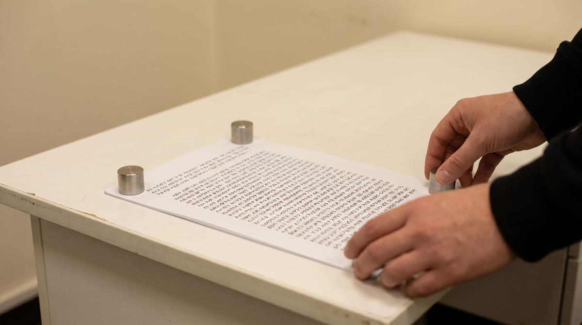 Tigrinya translation visual: Hands setting small weights onto both corners of a page.