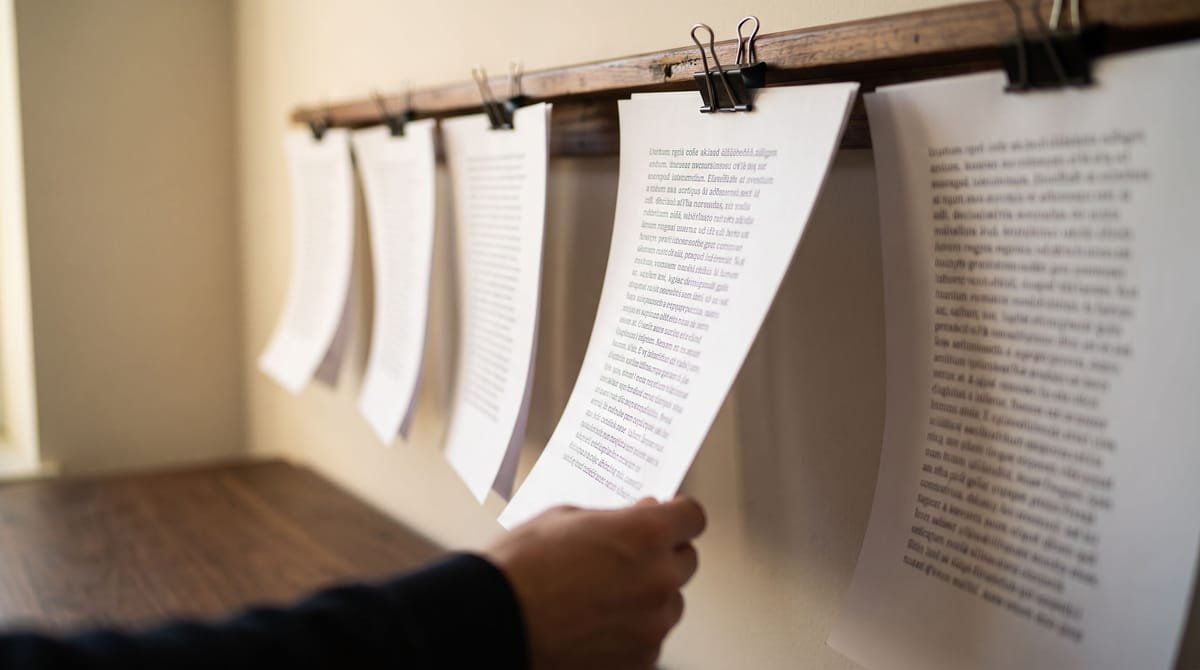 Turkmen translation visual: Proofs bulldog-clipped and hanging in a row from a rail.