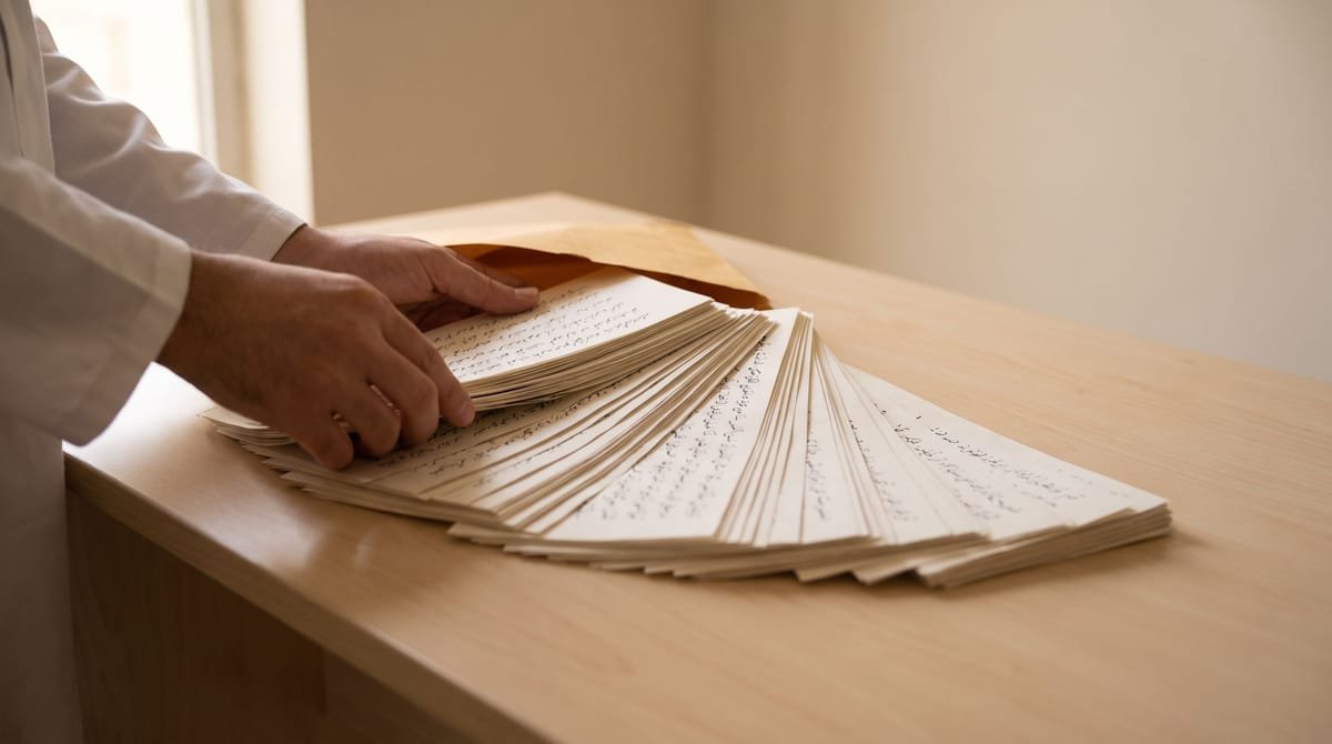 Uyghur translation visual: An envelope of loose slips tipped out into a wide fan.
