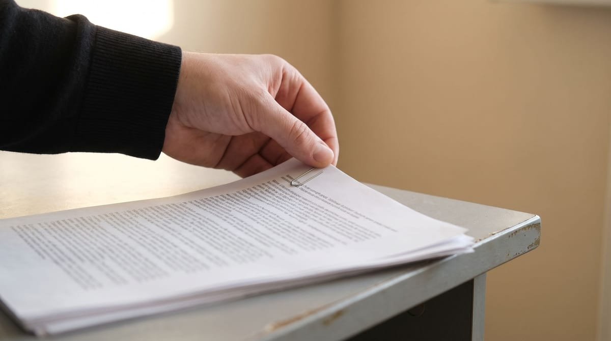 Wolof translation visual: A hand running a paperclip onto the top corner of a page.