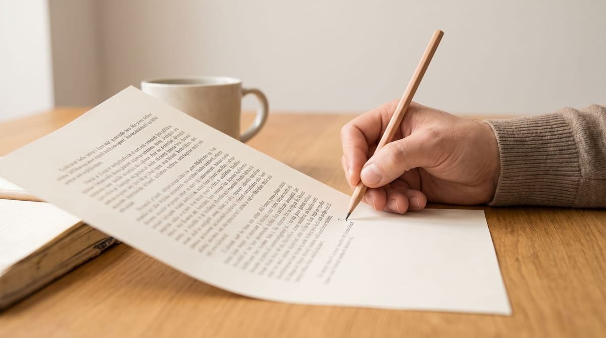 Yoruba translation visual: A hand pencilling an underdot beneath a printed letter.