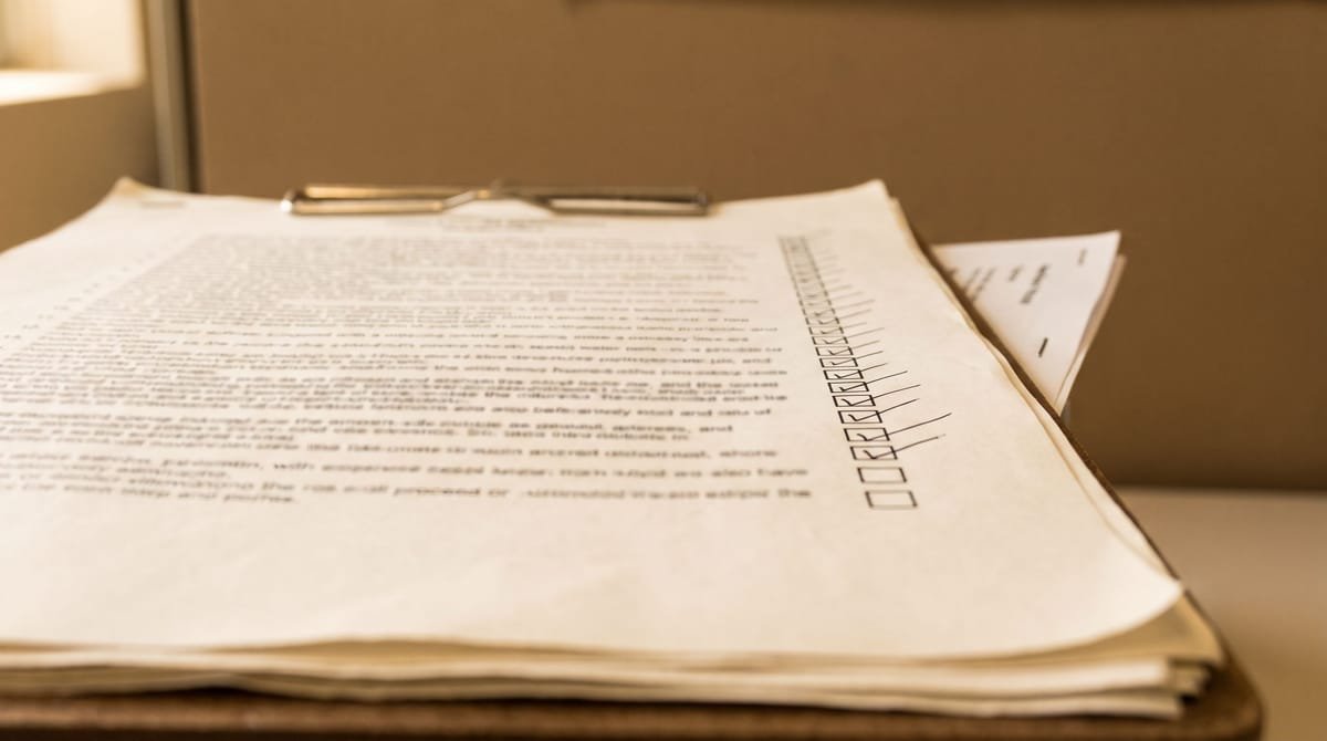 Check fit before assignment: A qualification checklist worked down its column with the test sample stapled behind it.