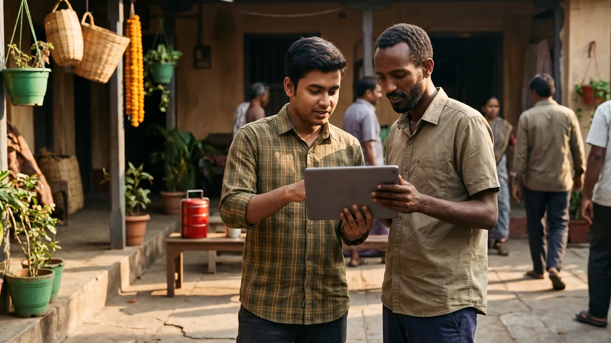 Two quality leads checking annotator agreement on a tablet in a shaded courtyard