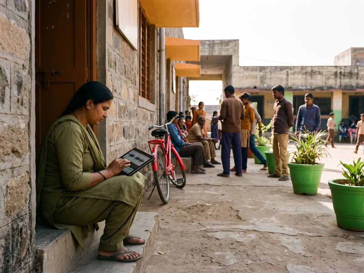 A woman reviewing an audio waveform on a tablet, seated on a step in a town lane