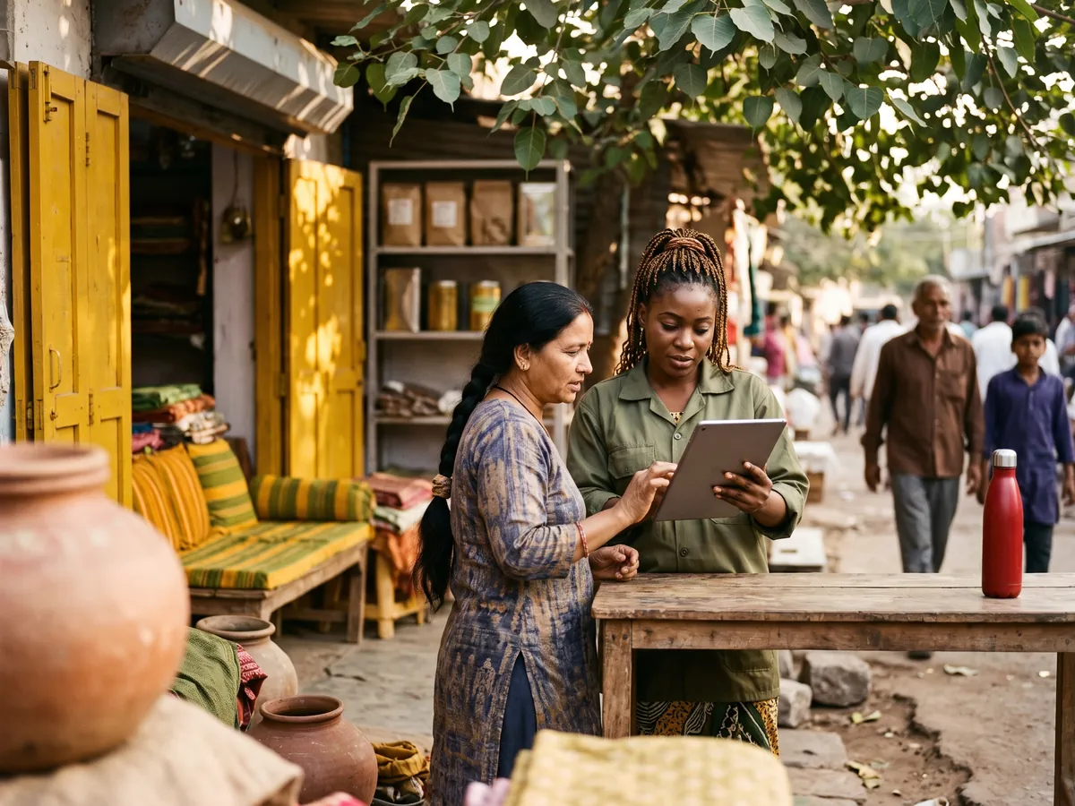 Two women discussing data on a tablet at an open-air stall