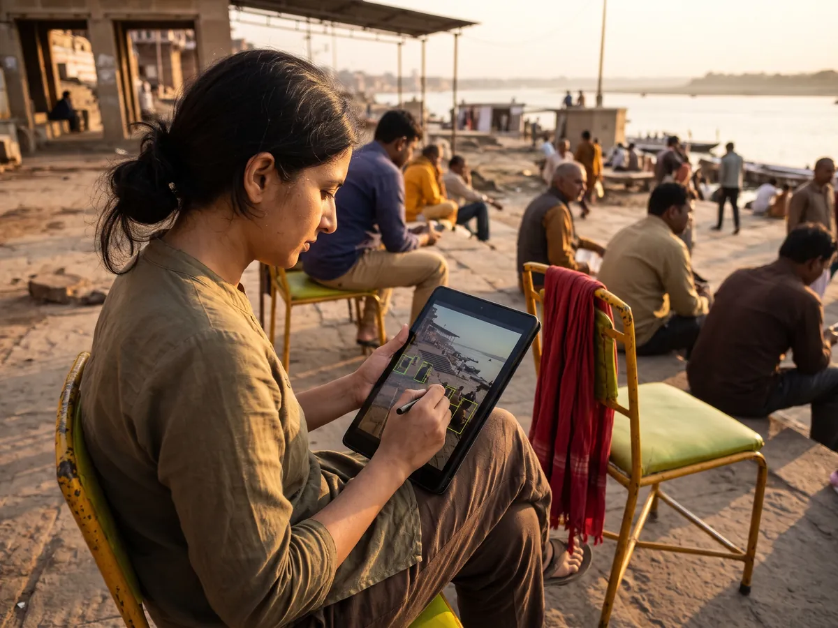 An annotator marking objects in photos on a tablet at a riverside ghat