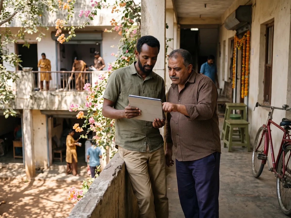 Two men reviewing a tablet together on a balcony beside a red bicycle