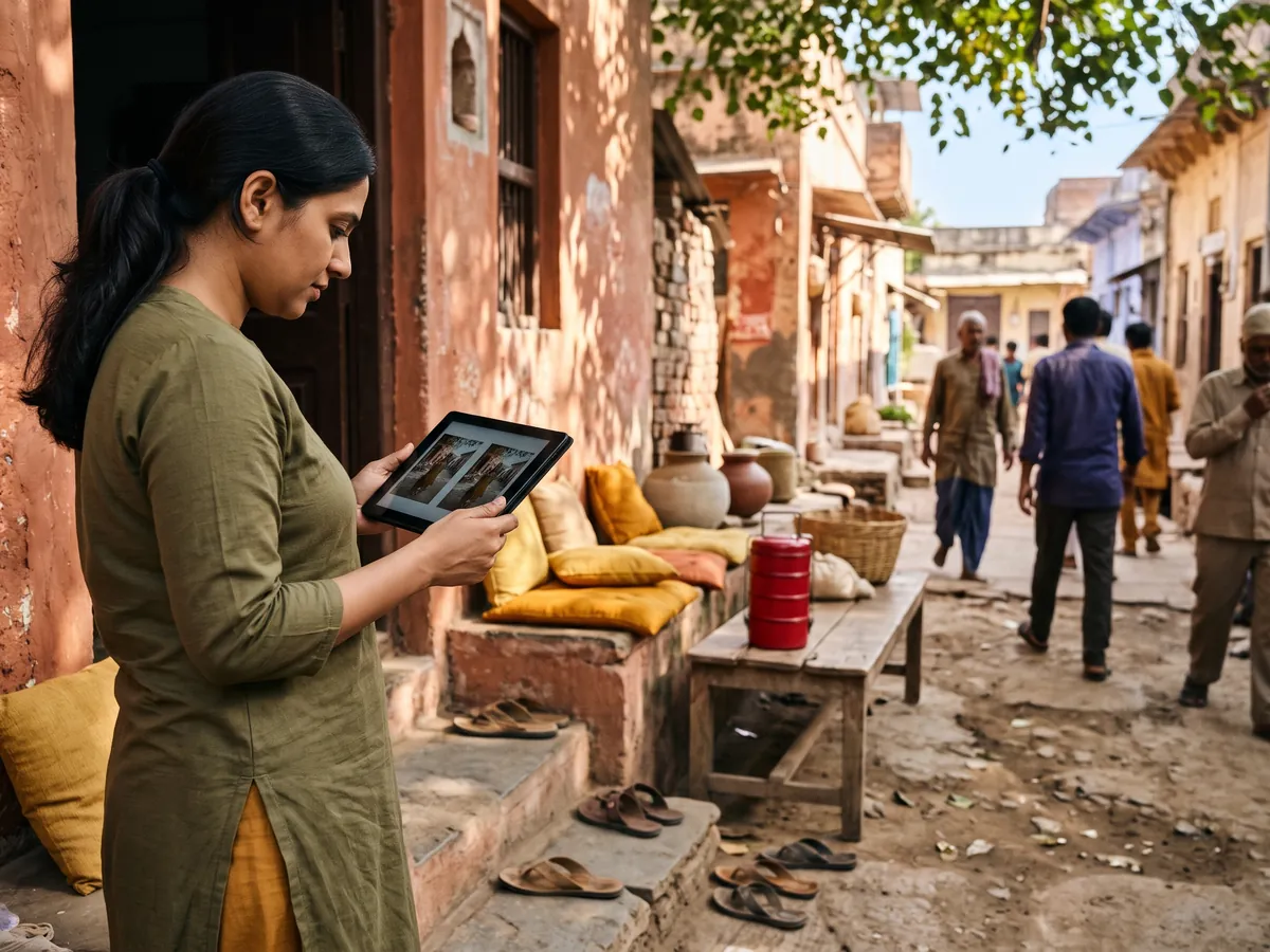 A woman comparing two photos on a tablet at a doorstep in a town lane