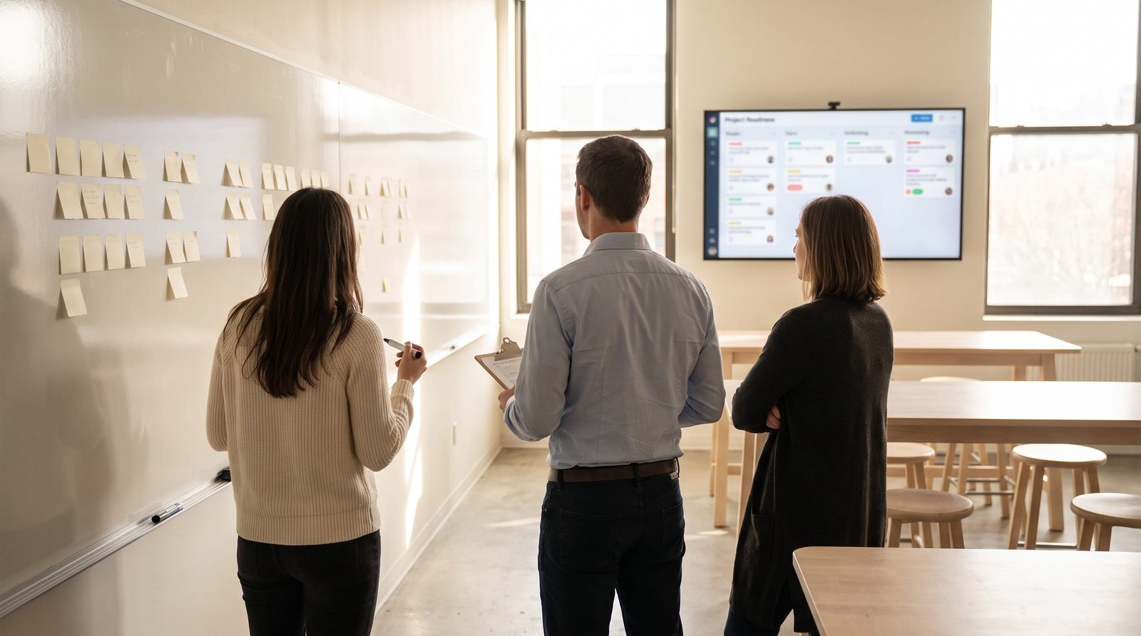 A delivery team making required artifacts, owners, and blockers visible at a planning wall before work starts.